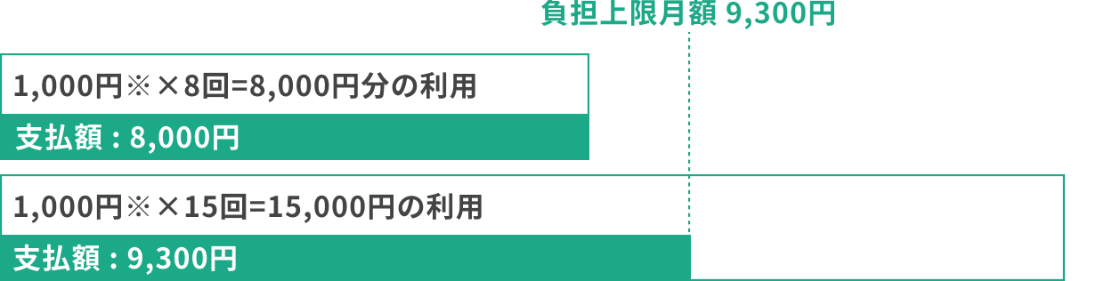 1,000円×8回=8,000円分の利用（支払額 : 8,000円） / 1,000円×15回=15,000円の利用（支払額 : 9,300円 ※負担上限月額 9,300円）